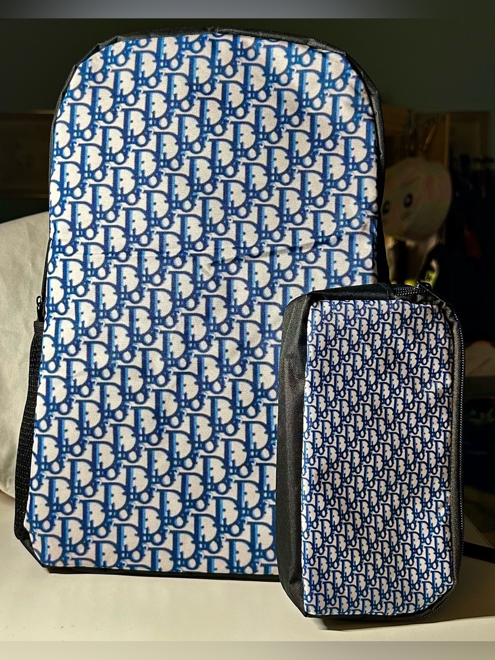Designer-Inspired Blue Monogram Men’s Backpack & Pouch/Pencil case Set NWOT